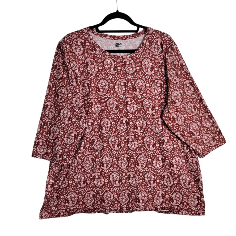 Lands End Womens 2X Plus Burgundy Floral Paisley 3/4 Sleeve Cotton Knit Top